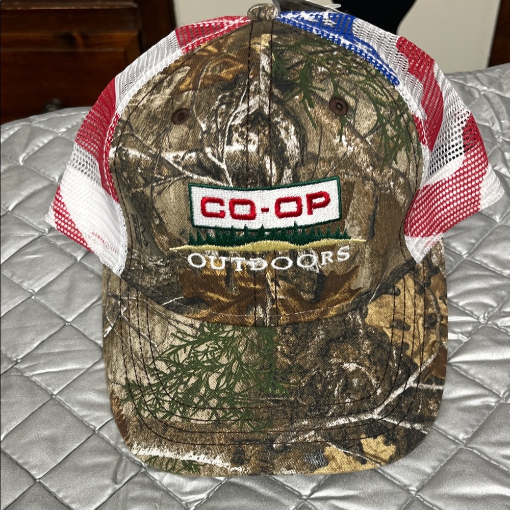 Realtree Camo Trucker Hat with Red, White, Blue Mesh